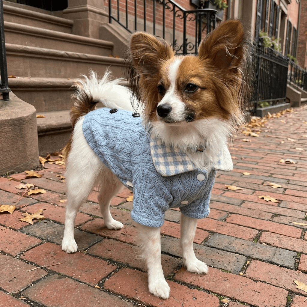 Woolen Plaid Dog Sweater on cute dog, featuring short sleeves, breathable cotton blend, and stylish blue design.