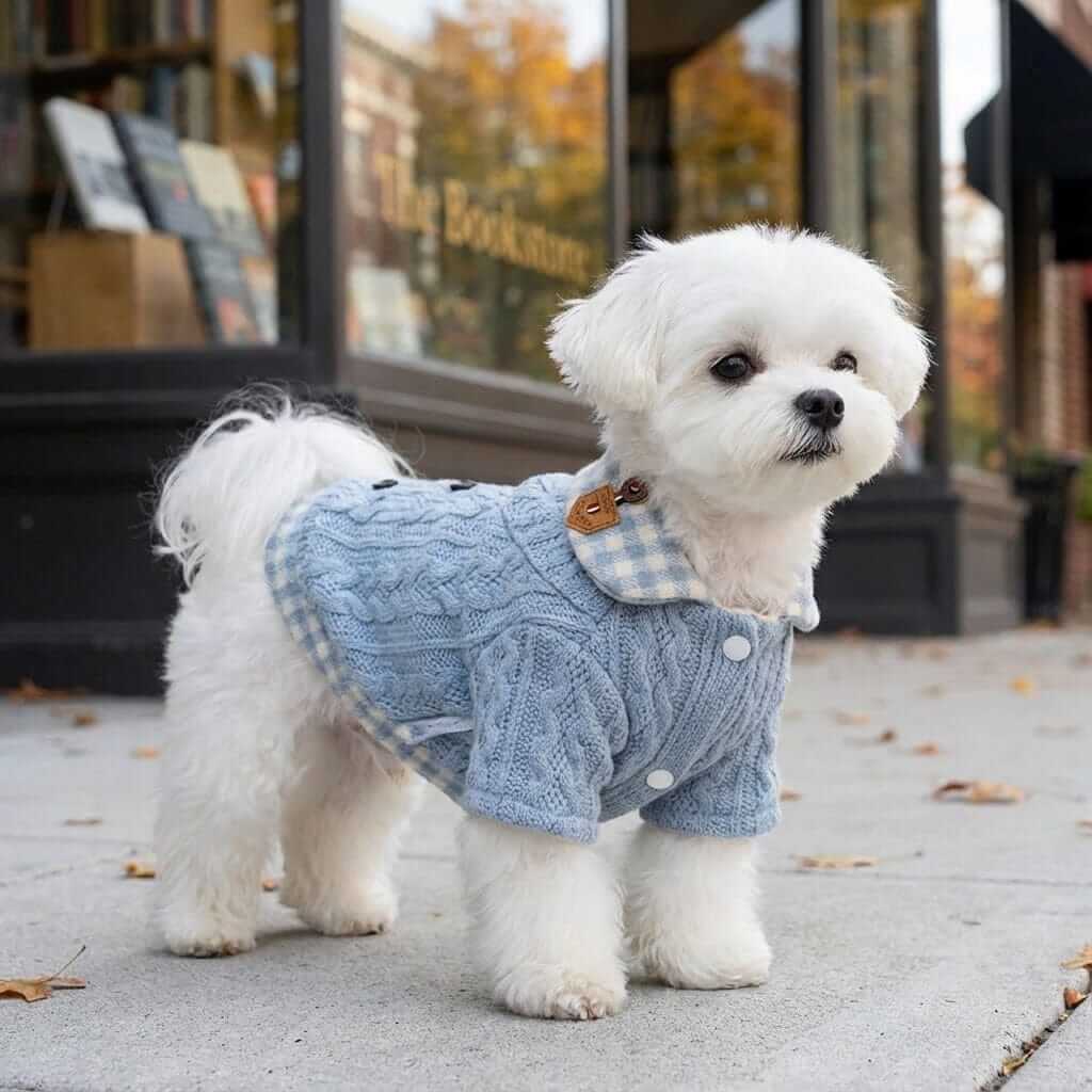 Woolen Plaid Dog Sweater on a small white dog, featuring a comfortable fit, breathable cotton, and a stylish design by Dogs & Cats.