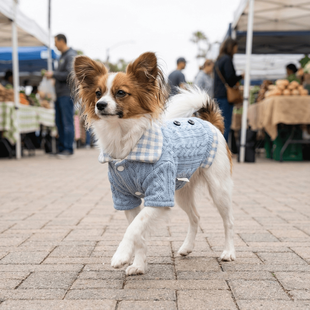 Woolen Plaid Dog Sweater on a Papillon dog at a market, featuring a breathable cotton blend and stylish design.
