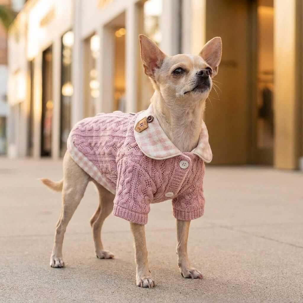 Woolen Plaid Dog Sweater on a stylish Chihuahua, featuring short sleeves, double button flap, and breathable cotton-polyester fabric.
