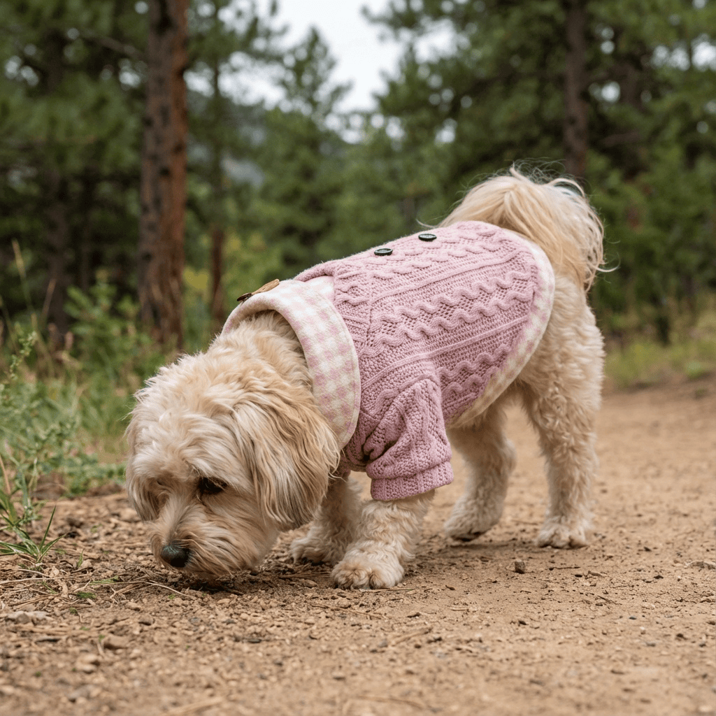 Woolen Plaid Dog Sweater on a small dog outdoors, featuring a comfortable fit, short sleeves, and double button flap.