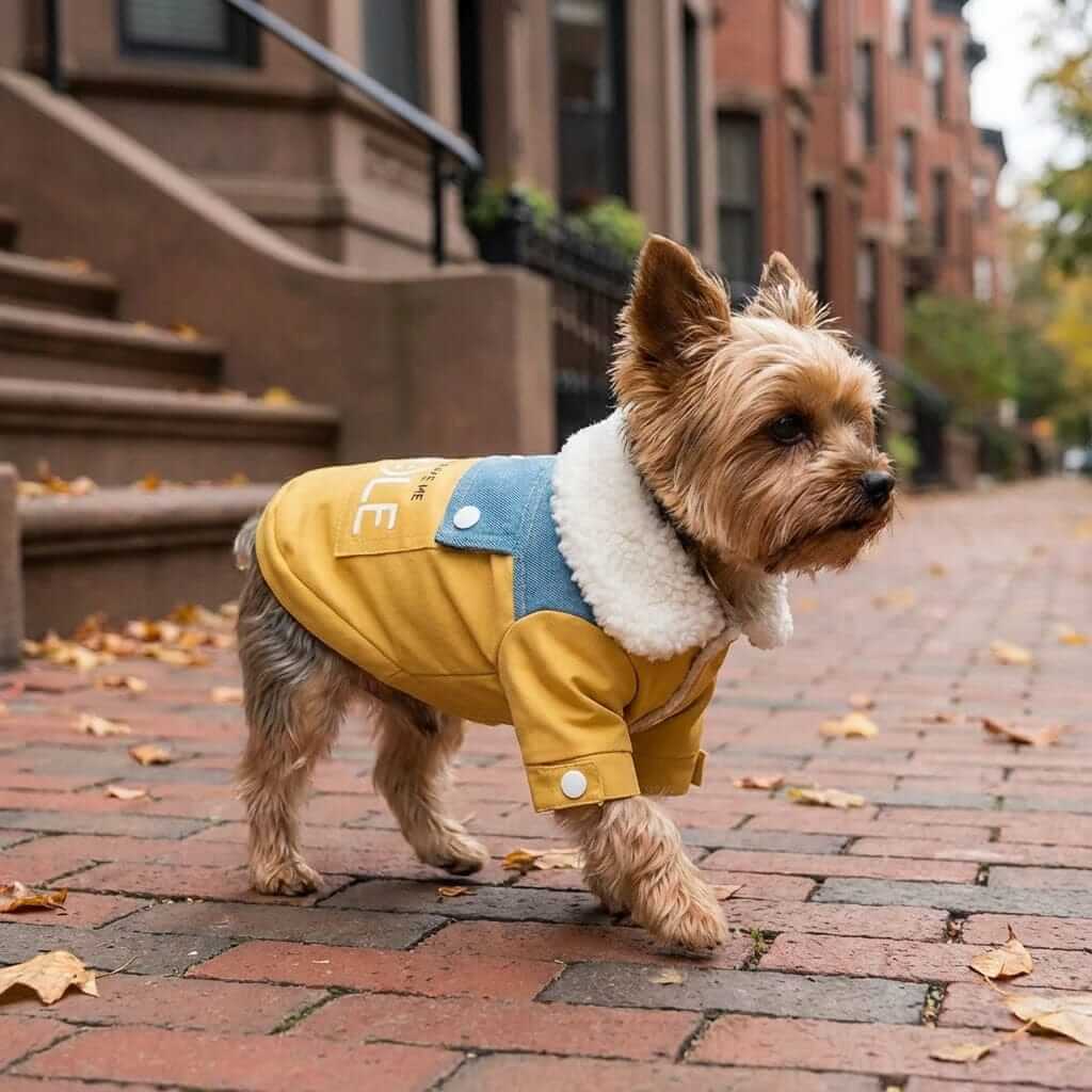 You Make Me Smile Coat on a fashionable dog, featuring blue denim, fuzzy accents, and sherpa lining by Dogs & Cats.