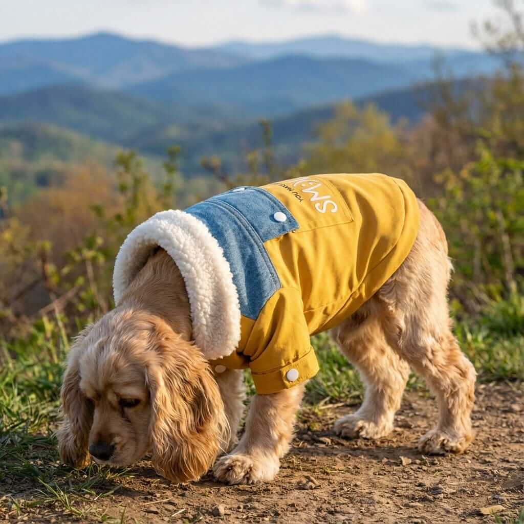 You Make Me Smile Coat on a dog with sherpa lining and denim accents, perfect for winter walks with Dogs & Cats.