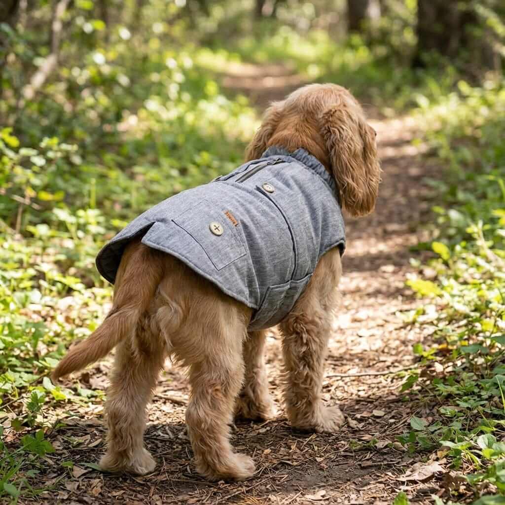 Zipper Pocket Quilted Dog Jacket on a dog walking through a forest, featuring breathable fabric and buttons.