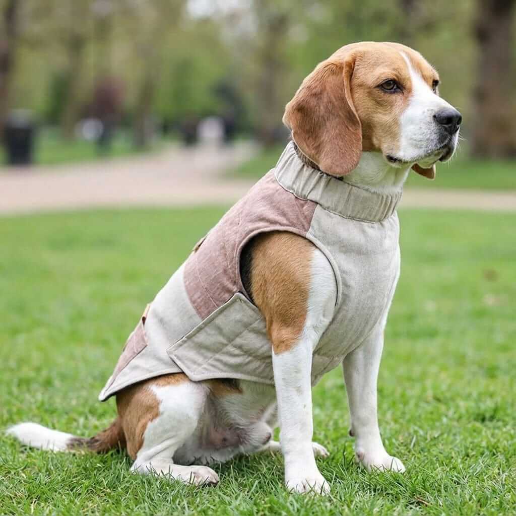 Zipper Pocket Quilted Dog Jacket on a Beagle, featuring breathable fabric and lightweight design by Dogs & Cats.