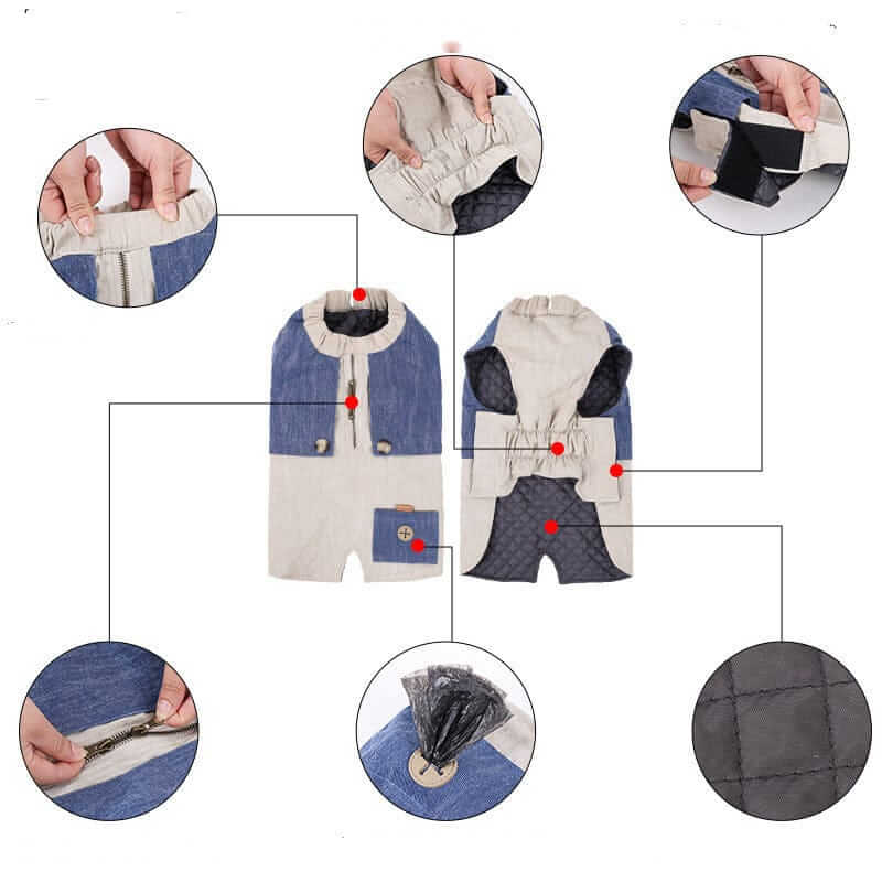 Zipper Pocket Quilted Dog Jacket showcasing features like quilted fabric, zipper pocket, and easy wear for dogs.