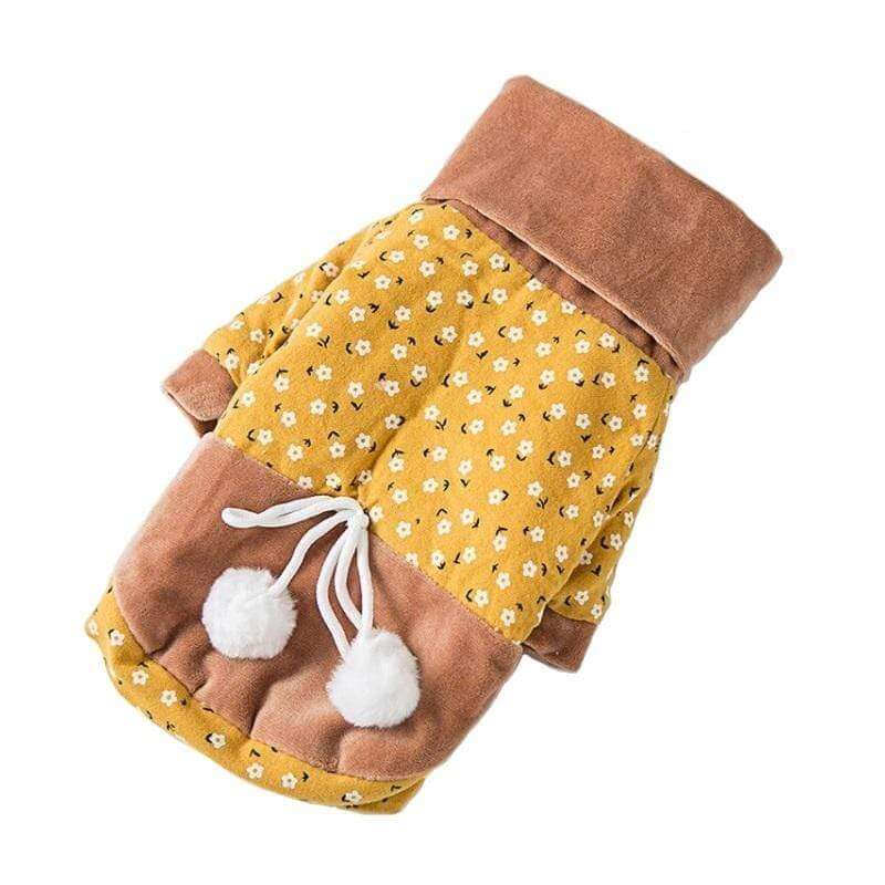 Floral High Neck Dog Coat in yellow with pom-poms, cozy and stylish for dogs and cats by Dogs & Cats.