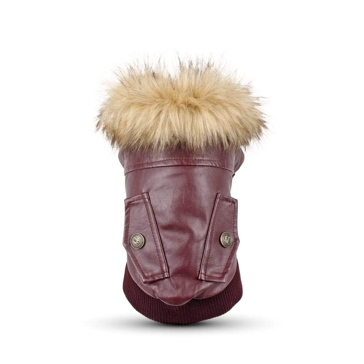 Biker Dog Leather Jacket with faux fur neckline and back pockets for Dogs & Cats, lined for warmth and easy access.
