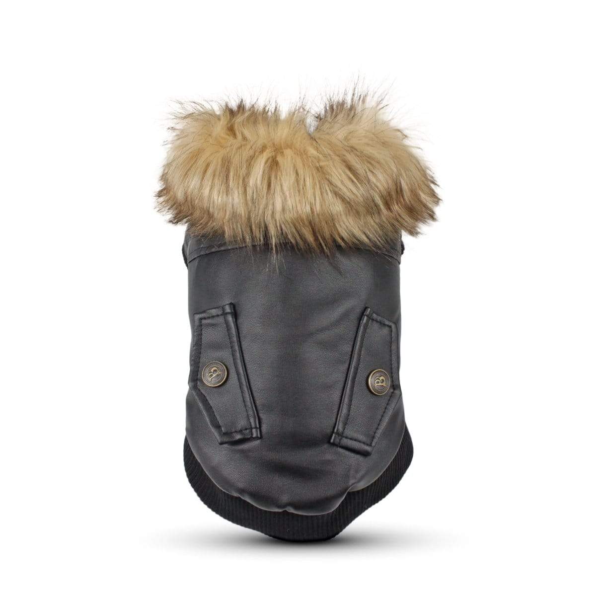 Biker Dog Leather Jacket for Dogs & Cats with faux fur neckline and back pockets, lined for warmth and cold protection.