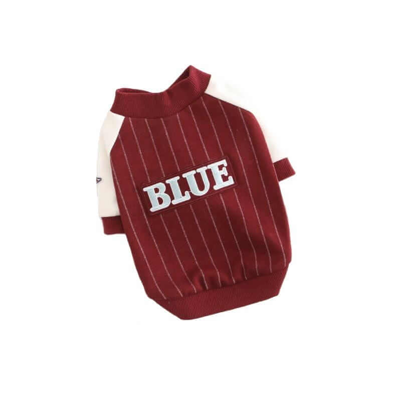Blue Baseball Dog Sweatshirt for dogs, featuring a cozy pull-over design with striped pattern and brand logos.