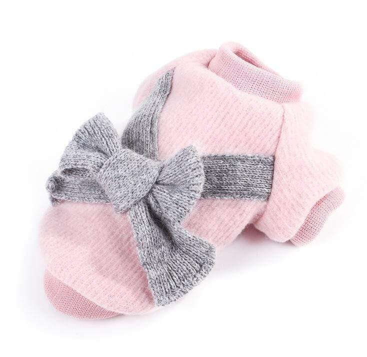 Bowknot Back Knitted Sweater for dogs and cats, non-allergenic organic wool, warm, pink with grey bow, Dogs & Cats brand.
