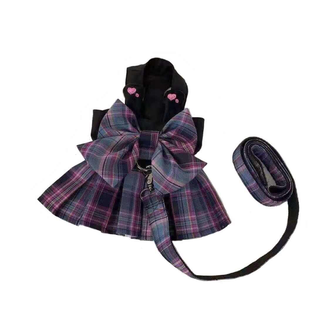 Bowknot Plaid Dog Harness Dress with matching leash, soft skirt, stylish design for Dogs & Cats