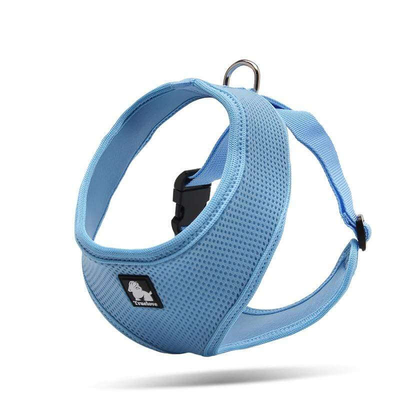 Breathable Dog Adjustable Harness in blue, soft with quick-release buckles and D-ring for leash attachment.