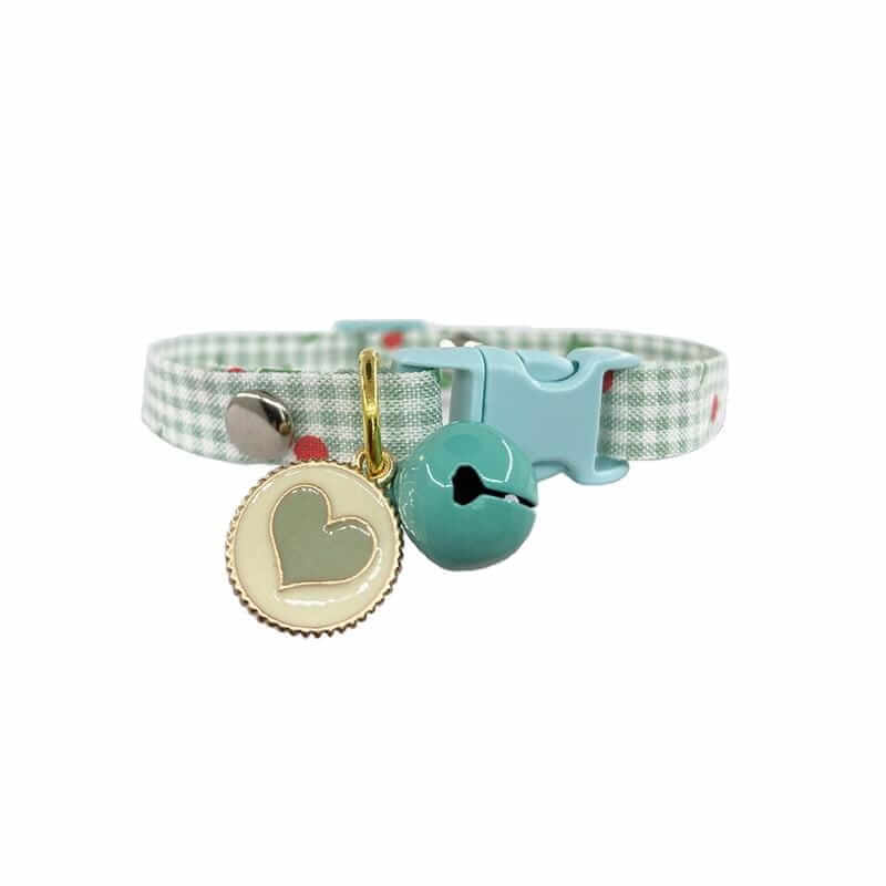 Buckle Closure Cat Bell Collar with heart charm and bell, featuring buckle closure, lightweight, comfortable design for Cats & Dogs.