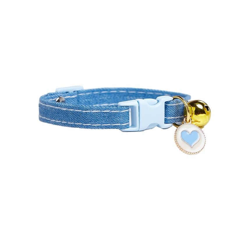 Buckle Closure Cat Bell Collar featuring soft denim material, a gold bell, and heart ID tag for Dogs & Cats.