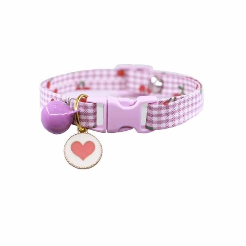 Buckle Closure Cat Bell Collar with pink gingham design, bell, heart tag, features soft, lightweight, and breathable material.