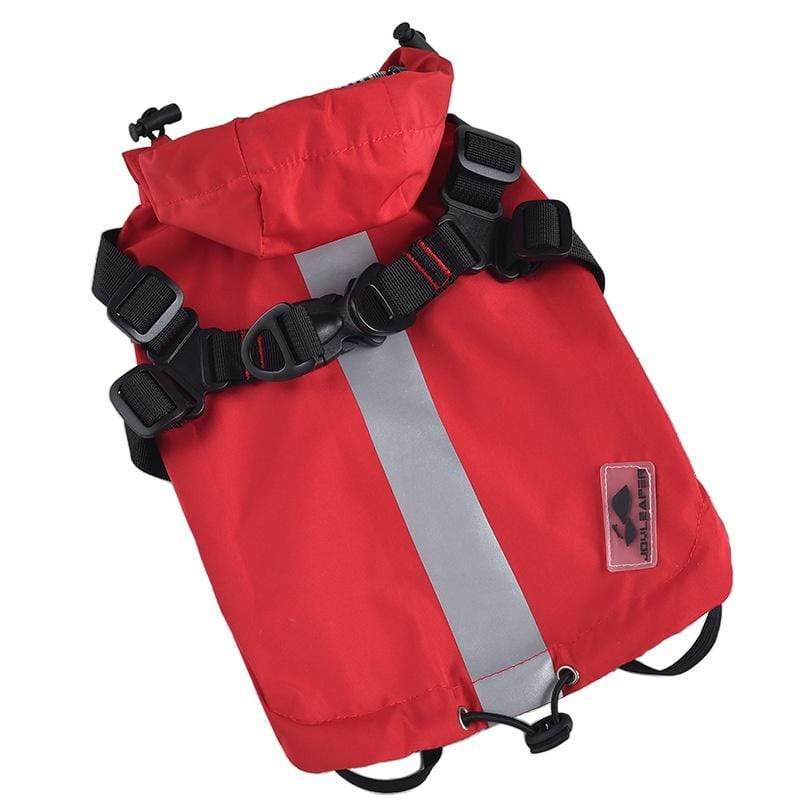 Buckle Straps Waterproof Windbreaker Dog Jacket in red with adjustable buckles and harness features for dogs.