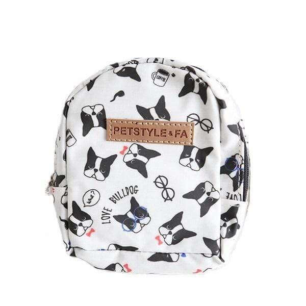 Bulldog Print Backpack featuring stylish bulldog designs, adjustable straps, and a secure zipper pocket by Dogs & Cats brand.