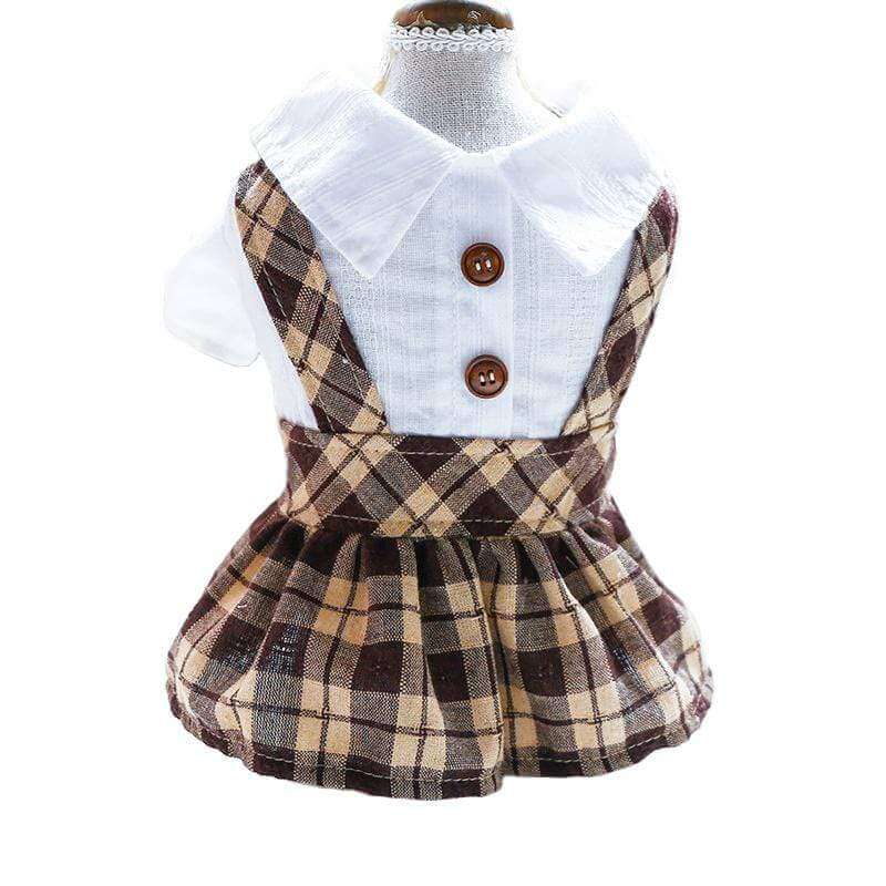 Button Up Dog Dress for dogs and cats, featuring breathable polyester and an adorable plaid design with flared skirt.