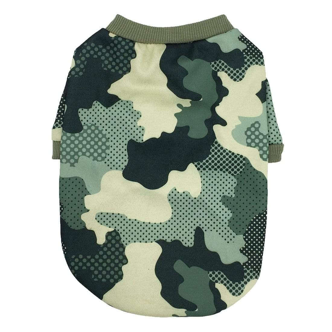 Camouflage Fleece Dog Sweater for Dogs & Cats, lightweight cotton material, ribbed collar and cuffs