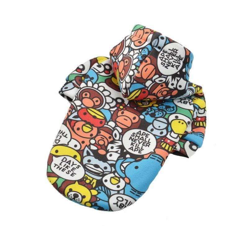 Cartoon Printed Dog Hoodie featuring colorful cartoon prints, made from fleece, breathable and comfortable for dogs.