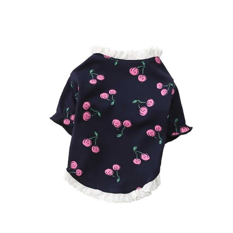 Cherry Printed Dog T-Shirt, casual tee with cherry design, soft cotton fabric, featuring ruffled neckline and back pocket.