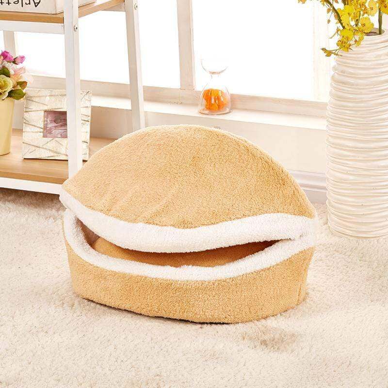 Creative Burger Pet Nest, faux sheepskin pet bed for dogs & cats, tent-like design, comfortable and cozy burrowing cave.