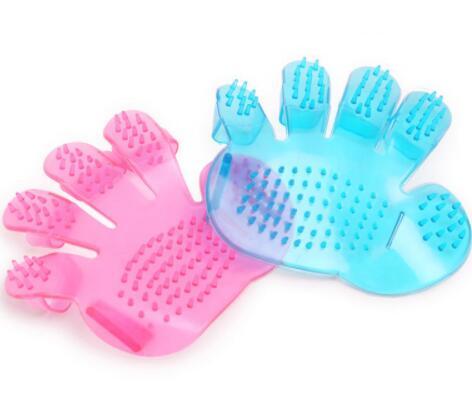 Deshedding Pet Brush - Pet brush glove in pink and blue, silicone material, five finger design, adjustable straps, for Dogs & Cats.