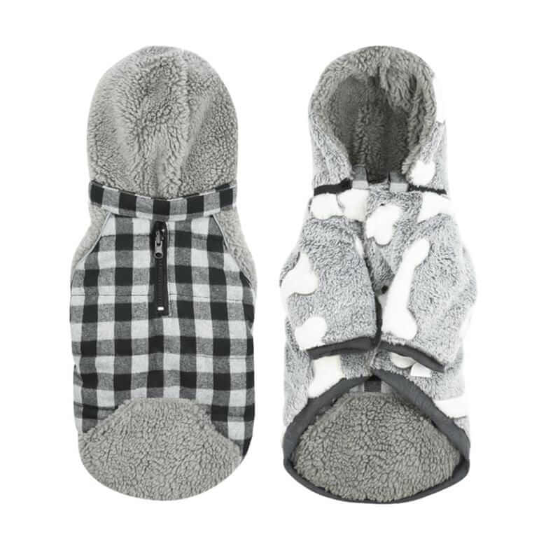 Detachable Double-sided Dog Winter Coat featuring a plaid design and bone print, warm, hooded, and comfortable for dogs and cats.