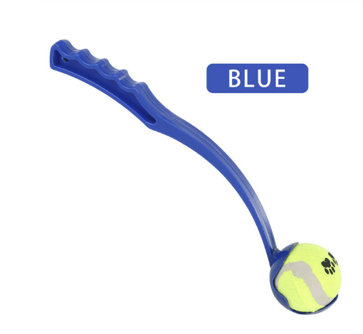 Dog Ball Thrower in blue color with ergonomic handle and tennis ball, designed for dogs and cats.