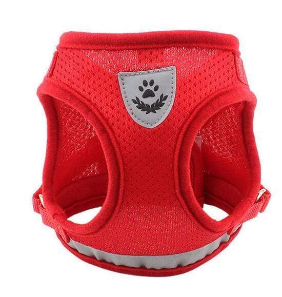 Dog Harness Leash Set red mesh harness with comfortable design for dogs and cats, featuring adjustable belt and D-ring.