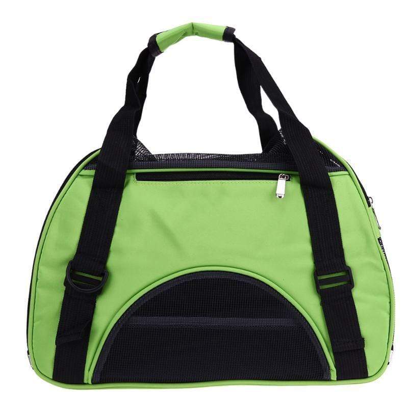 Easy & Comfortable Pet Carrier Bag in green with multiple windows for air circulation and soft fleece lining for pets.