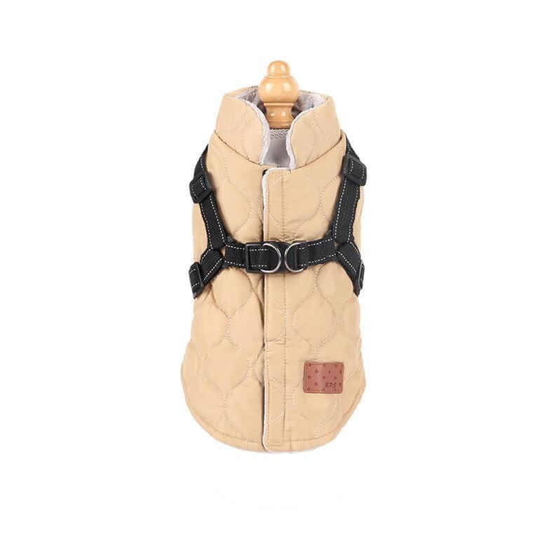 Endless Pawsabilities Winter Dog Coat in beige, windproof with padded insulation, ideal for dogs and cats.