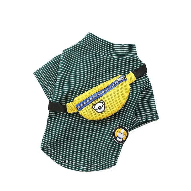 Fanny Pack Striped Dog T-Shirt featuring a stylish striped design with a yellow fanny pack, suitable for Dogs & Cats.