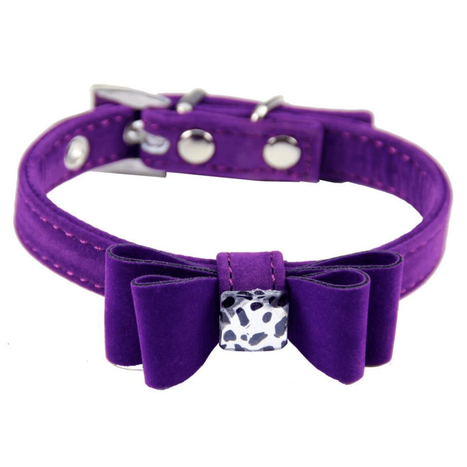 Dog collar made of flannelette with bow tie in purple, adjustable and stylish for dogs and cats.