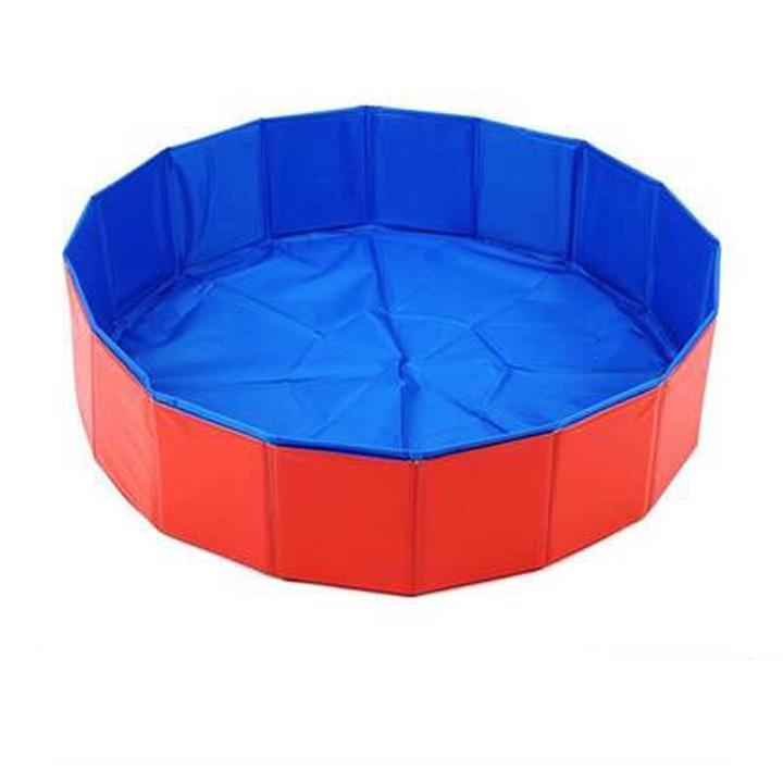 Foldable Pet Dog Swimming Pool Shower Bath Pool in red and blue, portable and durable with easy drainage and slip-resistant base.