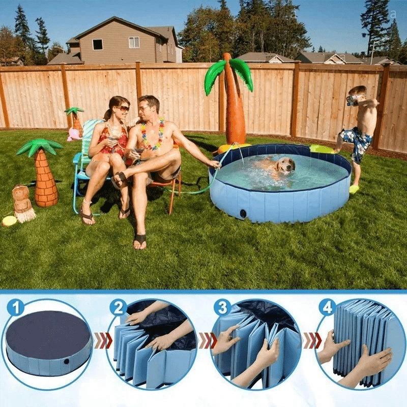 Foldable Pet Dog Swimming Pool Shower Bath Pool in backyard, easy setup, durable with dog swimming, perfect for summer fun.