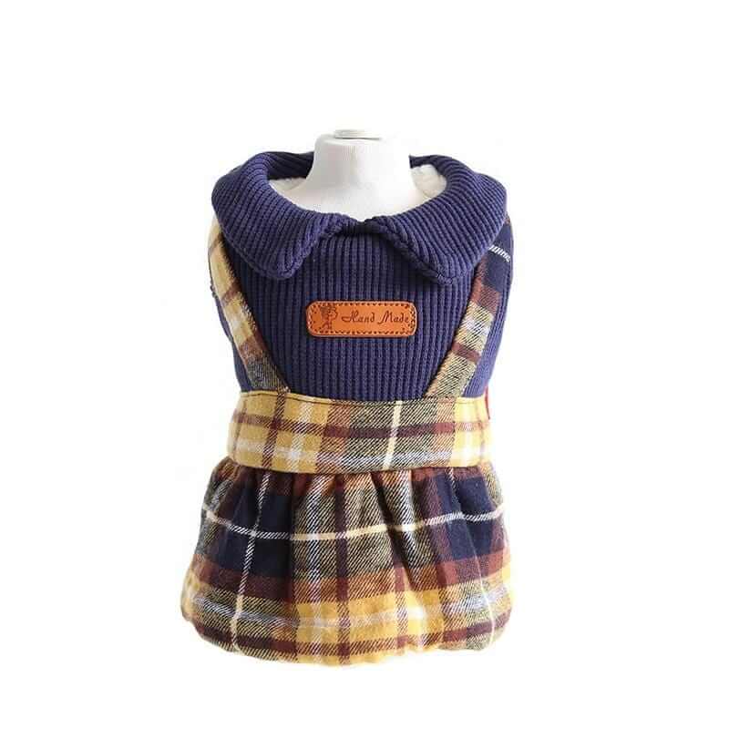 Going To College Plaid Dog Sweater Skirt for dogs, featuring breathable plaid, knitted collar, and buttery soft fabric by Dogs & Cats.