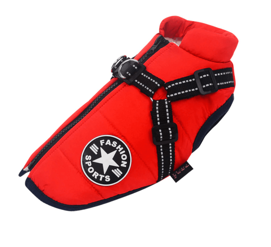 Golden Retriever Quilted Coat exterior view, red with straps, designed for warmth and comfort in cold weather.