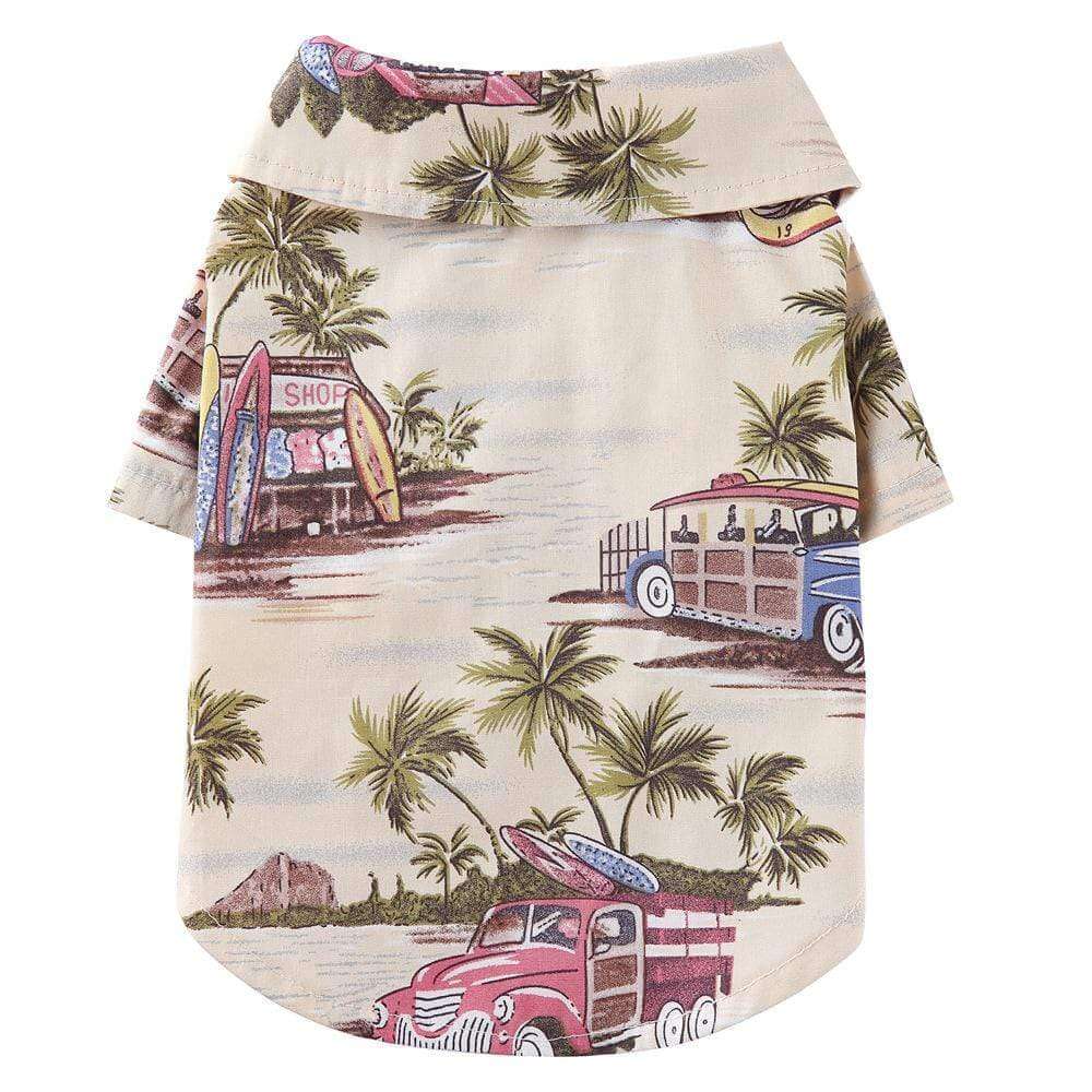Hawaiian Print Beach Dog Shirt featuring a colorful Hawaiian pattern, perfect for summer days and made by Dogs & Cats.