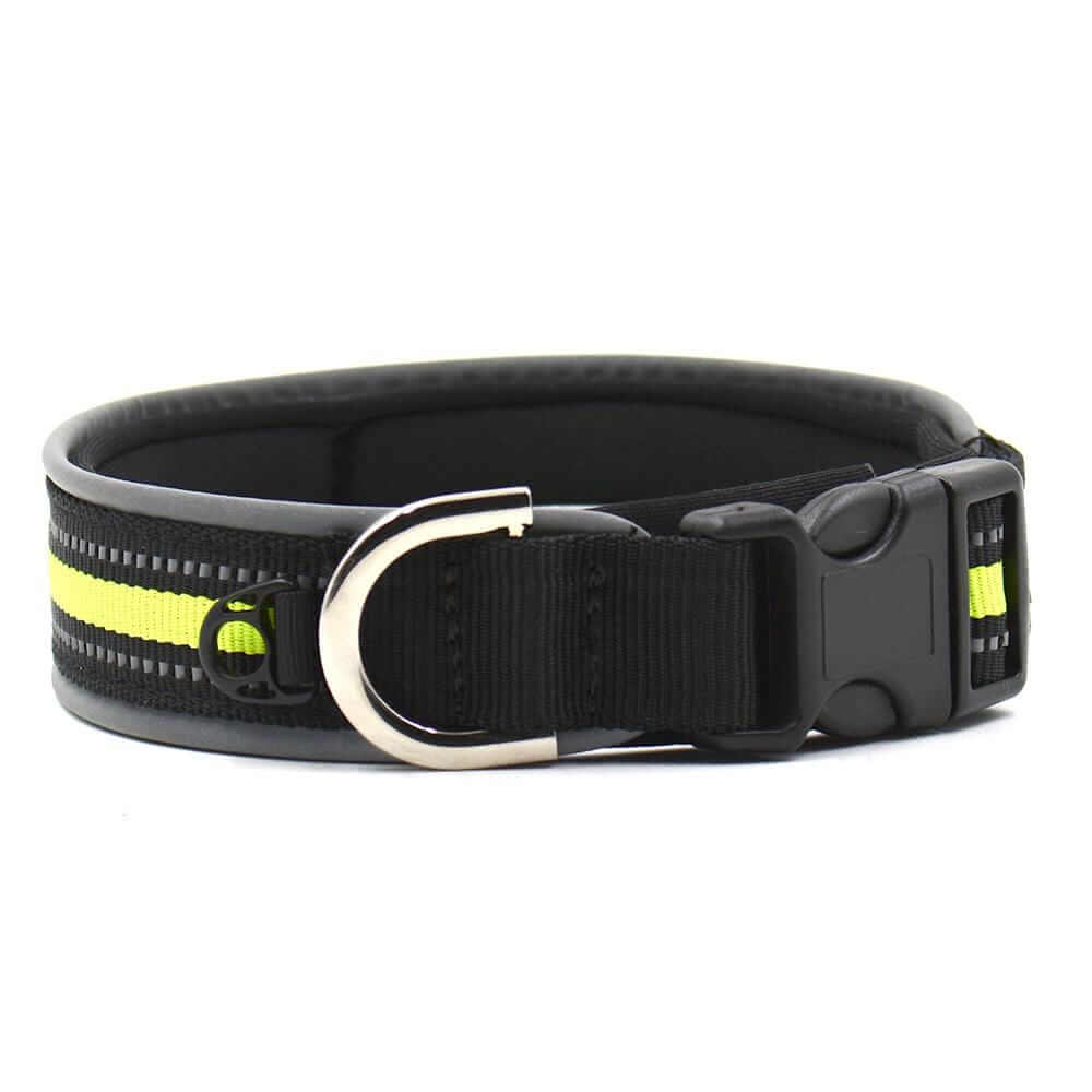 Highly Reflective dog Collar, secure black and yellow collar for dogs and cats, features reflective material for visibility.