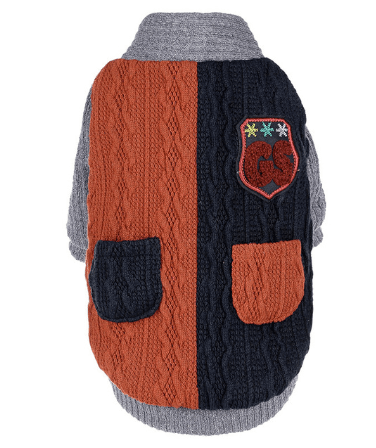 Back view of a Knitted Dog Winter Sweater featuring a classic cable knit design, pockets, and emblem by Dogs & Cats.