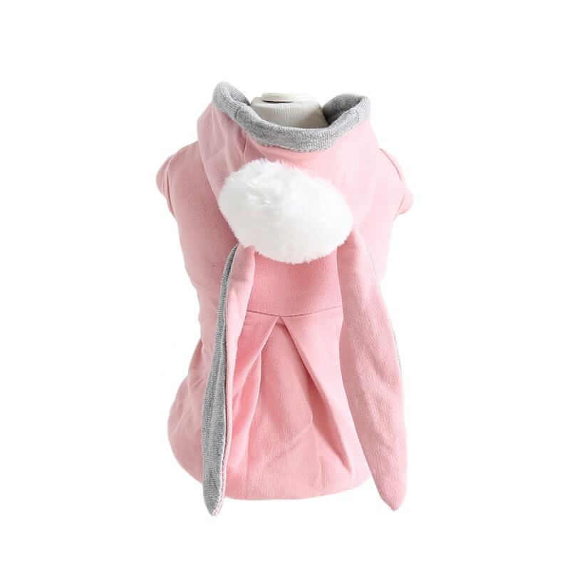 Long Ear Rabbit Dog Sweater in pink with bunny ear design and pompom detailing by Dogs & Cats.