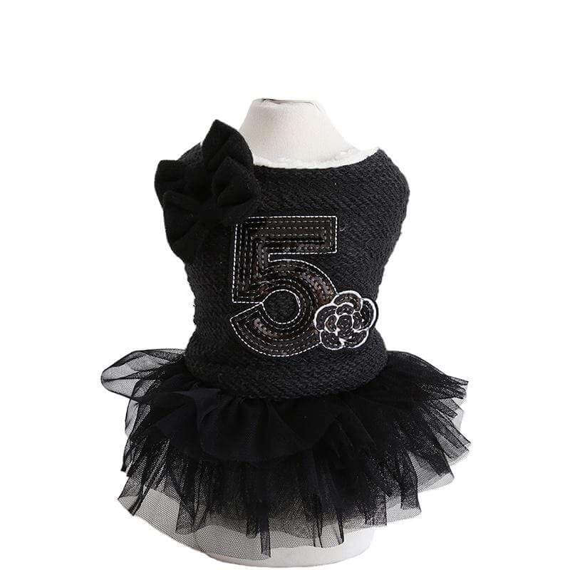 Number 5 Double Bow Tutu Dress for Dogs & Cats featuring a soft black bodice and a fluffy tutu skirt.