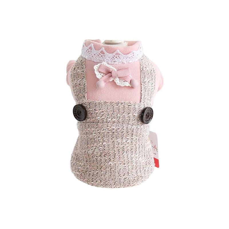 On the Growl Lace Collar Sweater Dress for dogs, featuring lace collar, bowknot back, breathable knit fabric by Dogs & Cats.