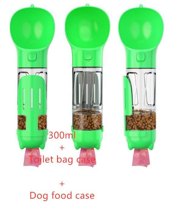 Outdoor Portable Pet 3 in 1 Water Bottle with 300ml capacity, toilet bag case, and dog food case for dogs and cats.