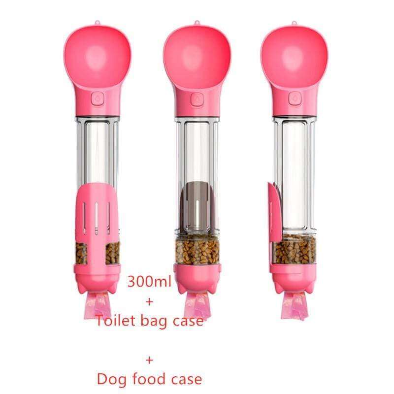 Outdoor Portable Pet 3 in 1 Water Bottle, 300ML capacity, feeder bowl, toilet bag case, dog food case for dogs & cats.