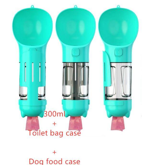 Outdoor Portable Pet 3 in 1 Water Bottle with 300ml capacity, toilet bag case, and dog food case for dogs and cats
