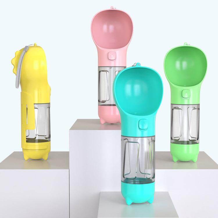 Outdoor Portable Pet 3 in 1 Water Bottle in various colors, featuring feeder bowl and garbage bag for dogs & cats.