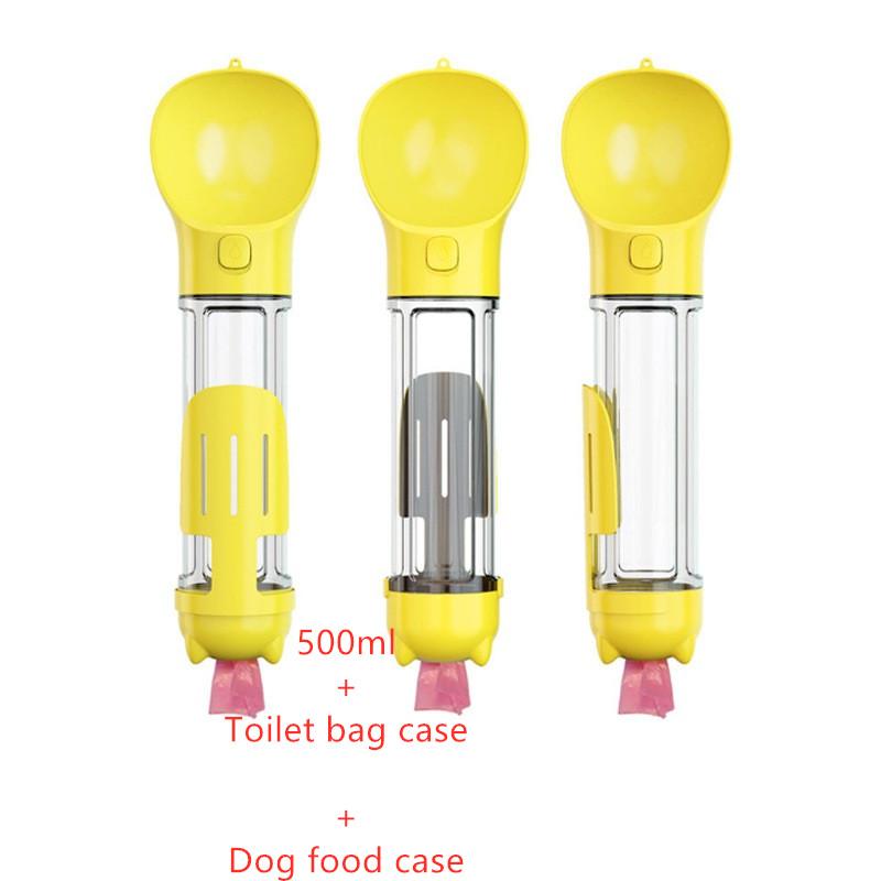 Outdoor Portable Pet 3 in 1 Water Bottle featuring feeder bowl, garbage bag, and 500ml dog food case.